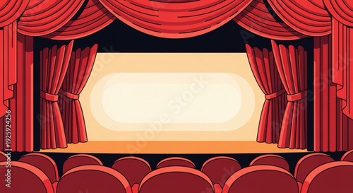 World Theatre Day Classic Theater Stage with Vibrant Red Curtains and Empty Seats, Ready for a Captivating Performance, Movie Screening, or Special Event