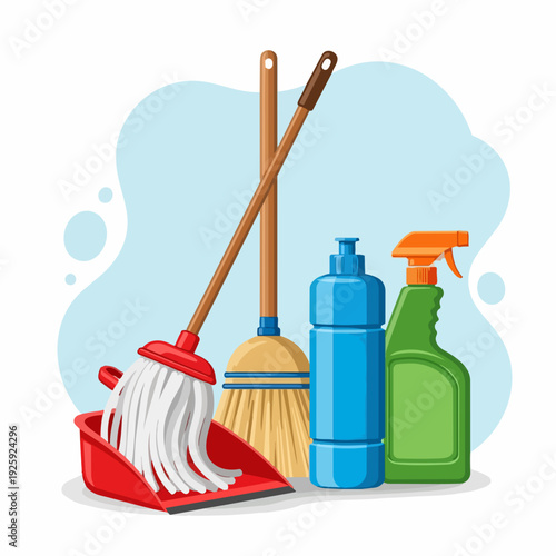 Cleaning supplies including mop broom dustpan and spray bottles.