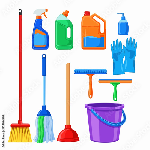 Collection of cleaning supplies and tools for household chores.