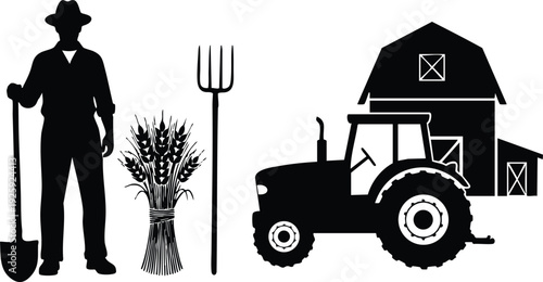 Black silhouette vector art of farmer holding shovel standing near sheaf of wheat pitchfork tractor and barn isolated on white background for labor day celebration design elements
