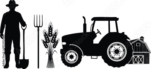 Labor day silhouette farmer holding shovel standing next to pitchfork wheat sheaf large tractor and barn vector icon set in black and white design illustration