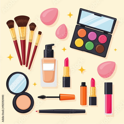 Collection of makeup products and tools for beauty and cosmetics.