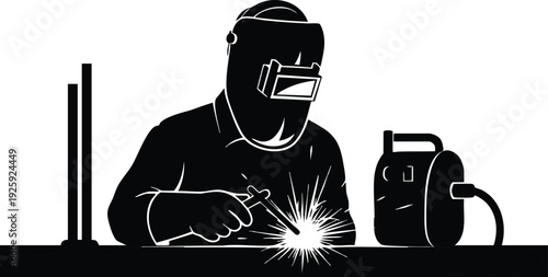 Black and white silhouette vector art of welder wearing protective mask welding steel on workbench with sparks industrial labor day celebration design