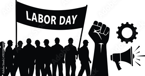 Silhouetted crowd of workers holding labor day banner with raised fist gear and megaphone icons in black and white vector art