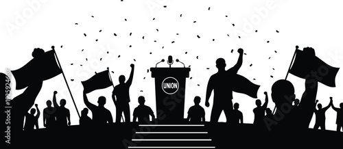 Black and white vector art of labor day union rally with raised fists flags and confetti at podium center stage silhouette vector design illustration