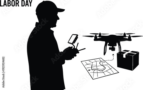 Silhouette of man controlling drone with remote controller delivering package using map navigation technology for labor day celebration vector art