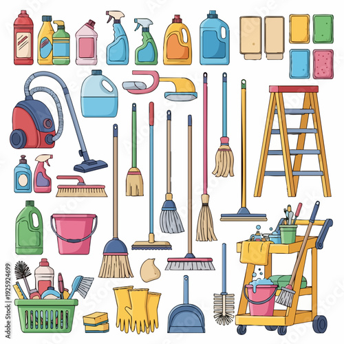 Collection of Cleaning Supplies and Tools.
