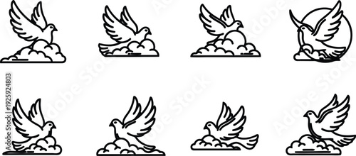 Set of dove flying on clouds in different poses and directions  peaceful and serene illustrations