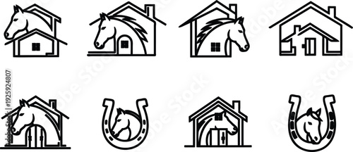 Set of horse and horse shoe icons with house  farm and equestrian symbols  black line art illustrations on white background