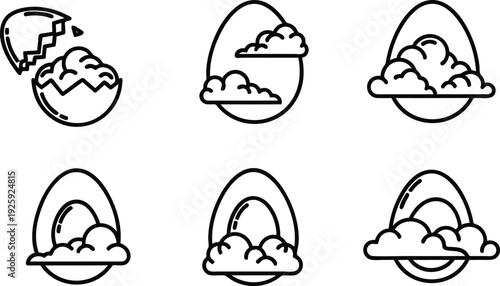 Set of six line art illustrations of eggs with clouds inside  eggshells are cracking open  simple minimalist style