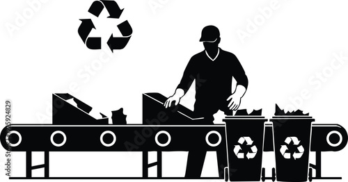 Black and white vector flat design of labor day worker sorting recycled materials on conveyor belt with recycling bins and recycle symbol above in minimalist industrial style