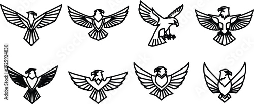Setofeightdifferenteaglesymbolsinvariousposesandstyleswithspreadwingsanddetailedfeathersinmonochromedesign