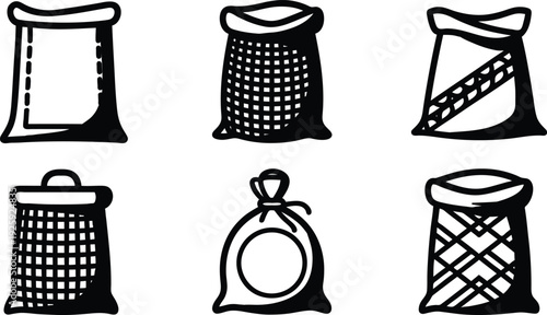 Six different types of bags and sacks with various patterns and designs for shopping and storage purposes