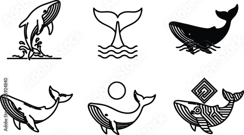 Set of various whale illustrations in different styles and poses  isolated on white background