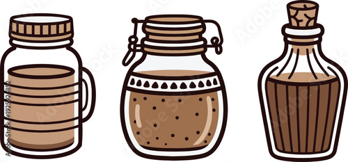 Three glass bottles with different liquids isolated on white background