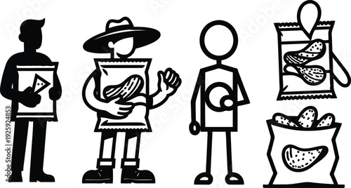 Stick figure people holding bags of food and snacks in various poses and expressions  eating and drinking concepts