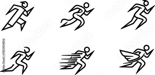 Stick figures of people running in different dynamic poses with various abstract motion lines and speed indications  athletic and energetic movements