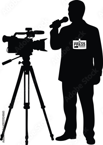 Minimalist black silhouette of reporter holding microphone next to professional video camera on tripod press identification badge visible labor day concept vector art