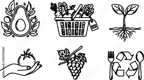 Vegan and vegetarian food icons with eco friendly and plant based lifestyle symbols for healthy eating and sustainability concepts  ecofriendly