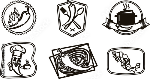 Vintage chef hat and utensils with chili peppers and pot of food icons for cooking and recipe design  isolated on transparent background