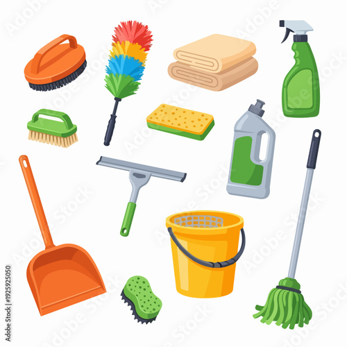 Collection of cleaning supplies and tools for household chores.