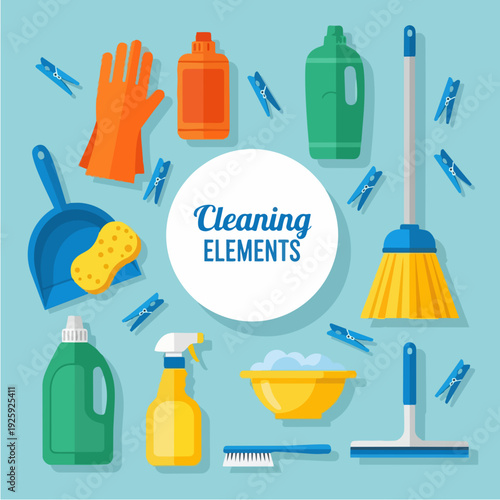 Collection of cleaning supplies and tools arranged around a central circle.