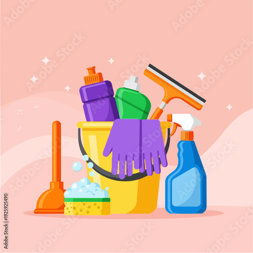 Cleaning supplies in a yellow bucket with a plunger and spray bottle.