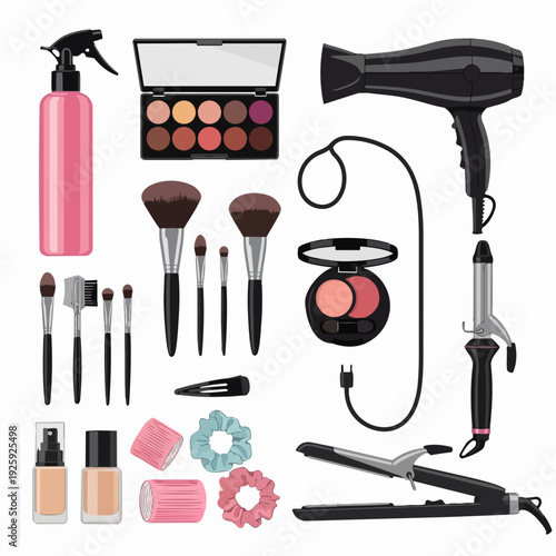 Collection of beauty and hair styling tools and products.
