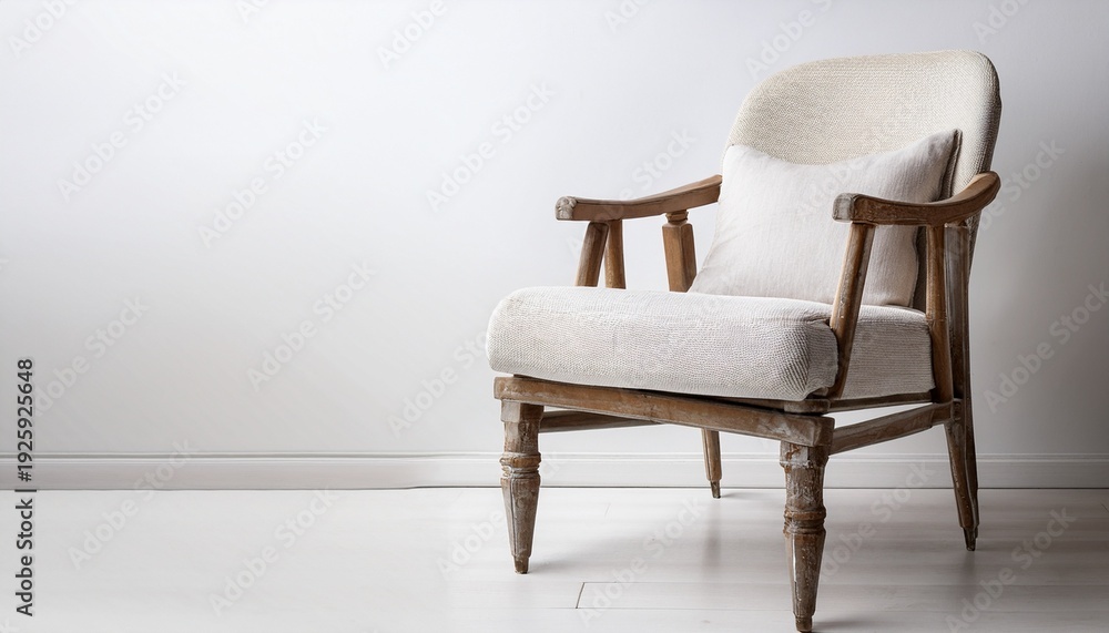 Obraz premium french country dining chair with linen upholstery and distressed wood on white background