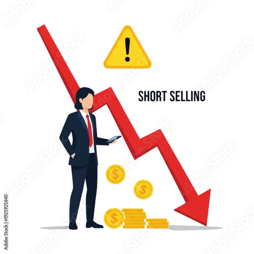 Businessman doing short selling stocks isolated on transparent background.