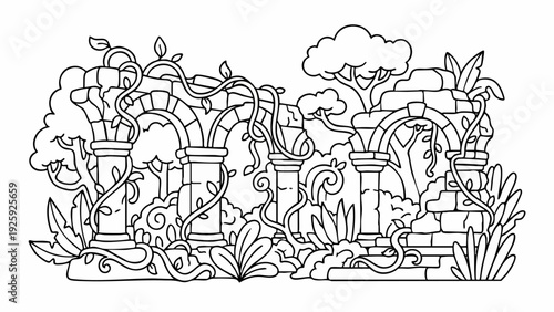 Ancient Stone Ruins Overgrown with Lush Greenery and Vines.