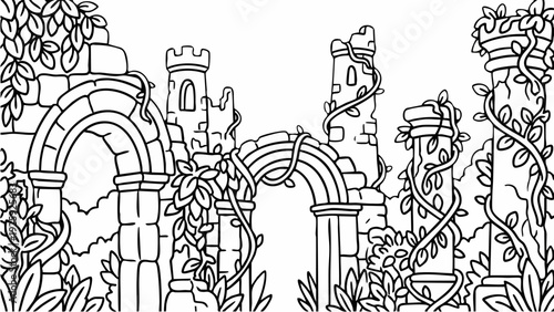 Ancient Stone Ruins with Overgrown Ivy and Arches.