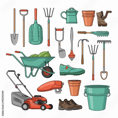 Collection of gardening tools and equipment for garden work.