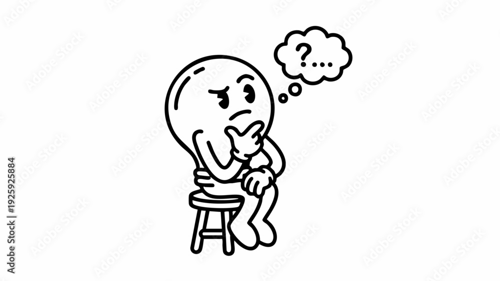 Fototapeta premium Cartoon lightbulb character sitting and thinking with question marks.