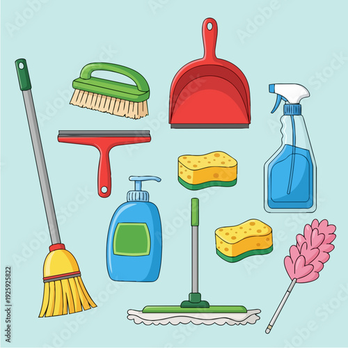 Collection of cleaning supplies and tools for household chores.