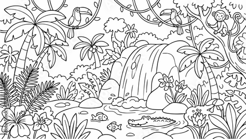 Cartoon illustration of a jungle scene with animals.