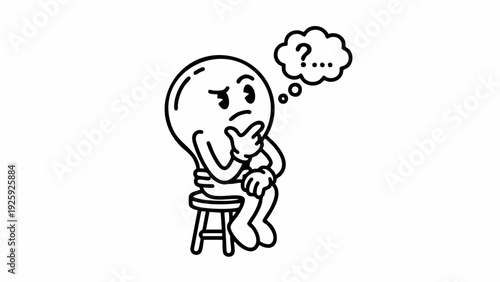 Cartoon lightbulb character sitting and thinking with question marks.