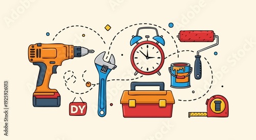Collection of DIY tools and equipment for home renovation.