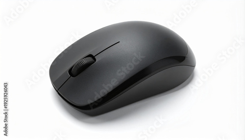 Black wireless computer mouse on white background, top view, studio lighting, isolated, modern design
