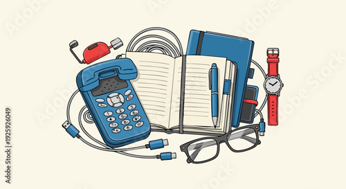 Collection of vintage and modern office and personal items.