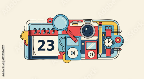 Collection of vintage office and travel items arranged creatively.