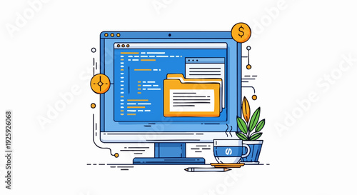 Computer screen displaying code and folder with money symbols.