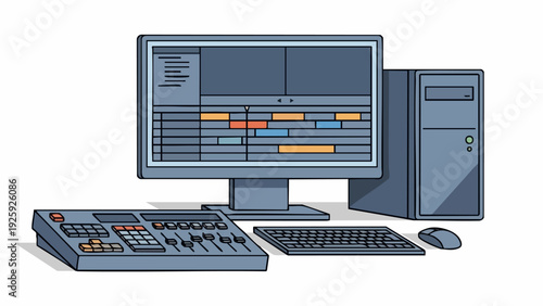 Computer setup for video editing with audio mixer and keyboard.