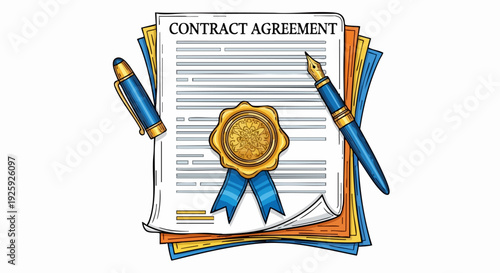 Contract Agreement Document with Seal and Pens.