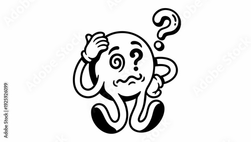 Confused cartoon character with question marks and swirling eyes.