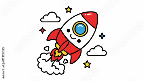 Cute cartoon rocket ship blasting off into space with a happy face.