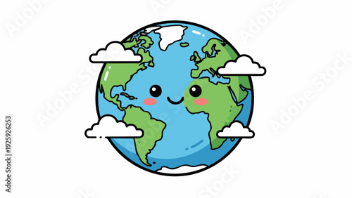 Cute cartoon Earth with smiling face and clouds.
