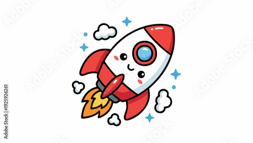 Cute cartoon rocket ship blasting off into space.