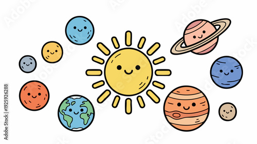 Cute Cartoon Solar System Planets and Sun Illustration.