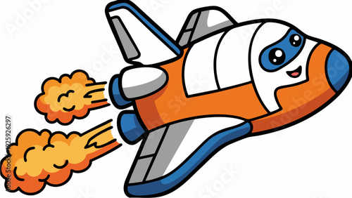 Cute cartoon space shuttle blasting off with fiery exhaust.